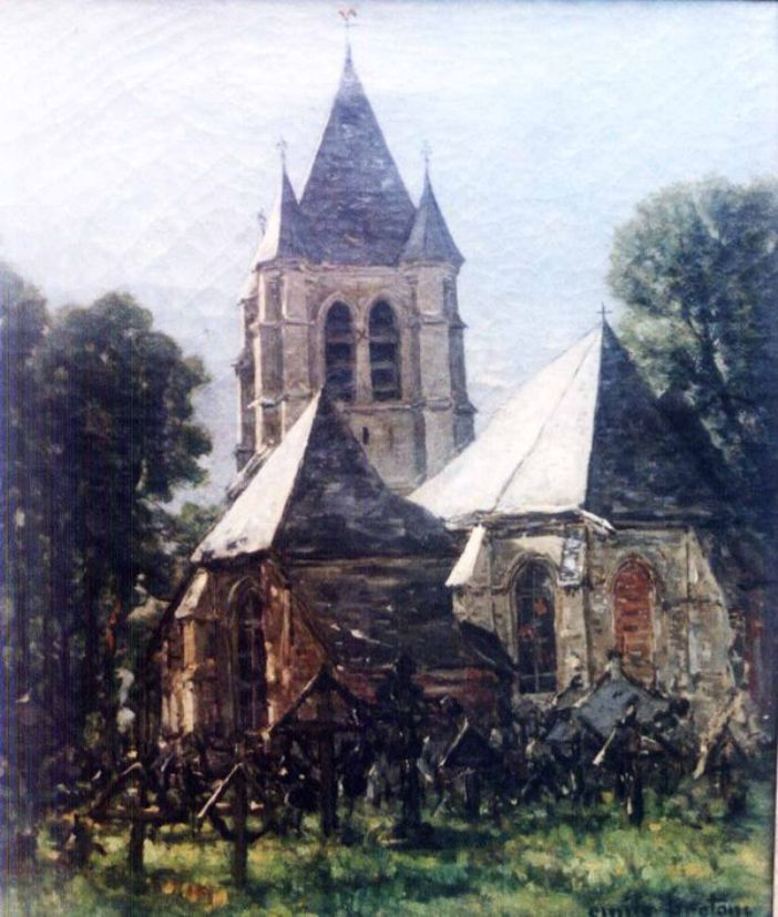 Church at Courierres, vintage artwork by Emile Breton, 12x8" (A4) Poster