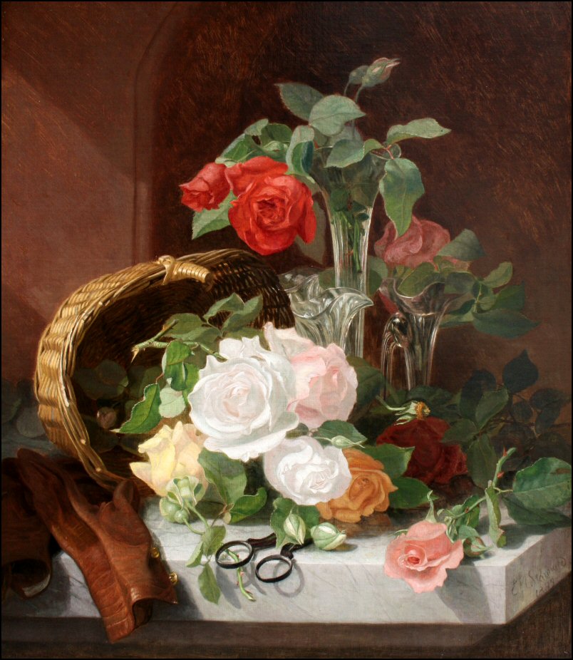 A Still Life of Flowers in a Glass Epergne on a Marble Ledge, vintage artwork by Eloise Harriet Stannard, 12x8" (A4) Poster