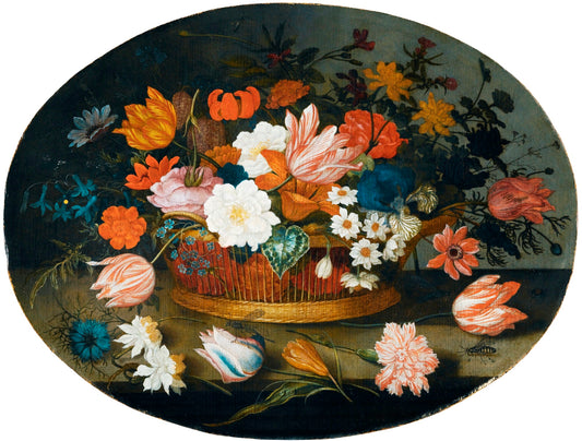 A Still Life of Tulips, Roses, Narcissi, Daffodils, Hyacinths, Anemones and an Iris in a Basket, vintage artwork by Balthasar van der Ast, 12x8" (A4) Poster