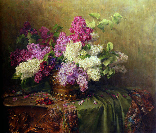 A Still Life With Lilacs And Violets On A Draped Guilt Rococo Table, vintage artwork by Clara von Sievers, 12x8" (A4) Poster