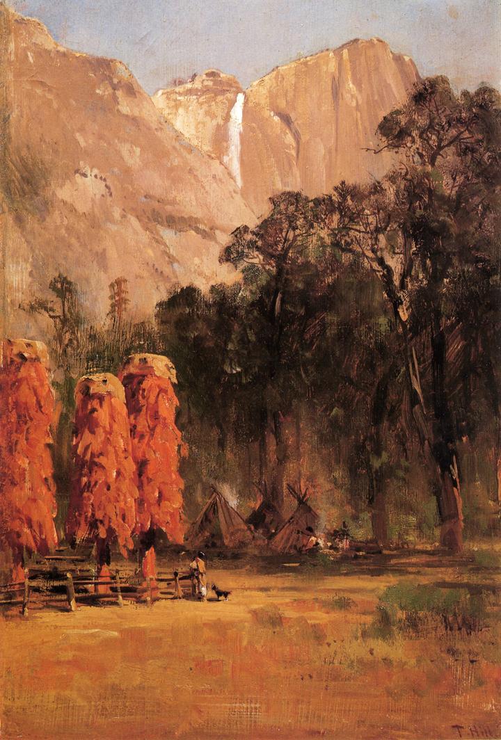 Acorn granaries, by  Piute Indian camp in Yosemite, vintage artwork by Thomas Hill, 12x8" (A4) Poster
