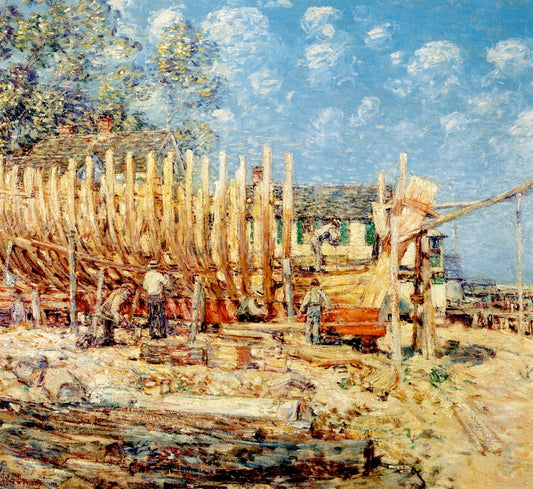Building the Schooner, Provincetown, vintage artwork by Childe Hassam, 12x8" (A4) Poster