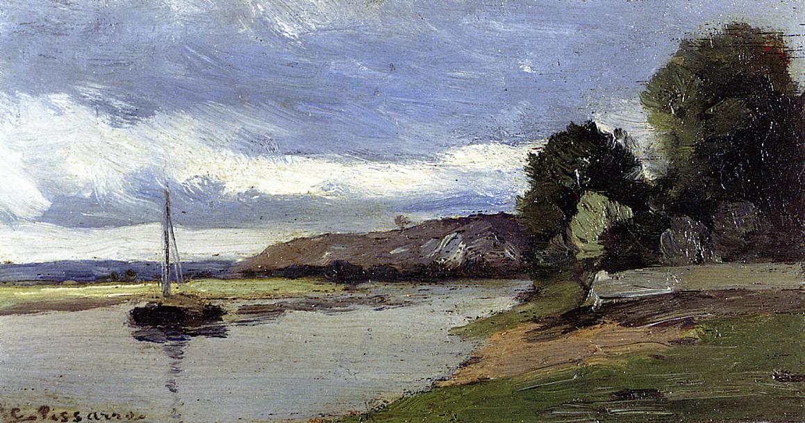 Banks of a River with Barge, vintage artwork by Camille Pissarro, 12x8" (A4) Poster