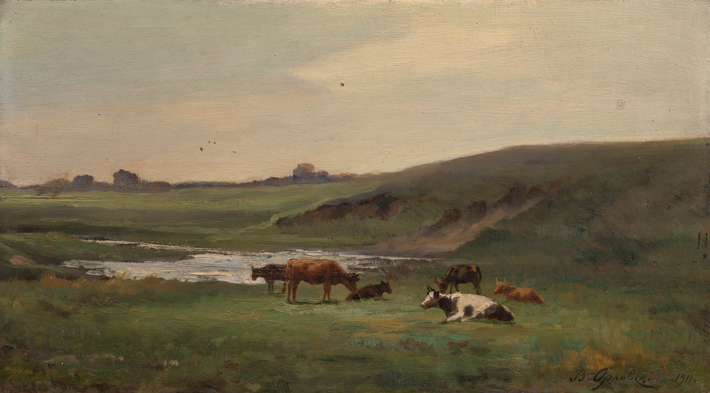 Cows in a Pasture, vintage artwork by Vladimir Orlovsky, 12x8" (A4) Poster