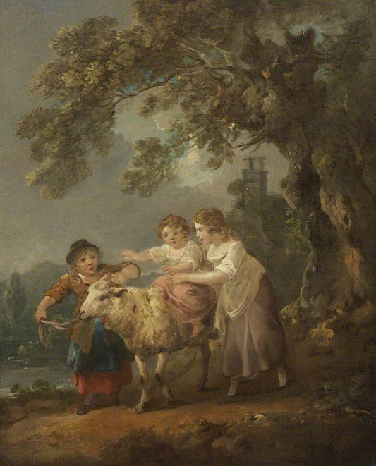 Children and the Pet Sheep, vintage artwork by Julius Caesar Ibbetson, 12x8" (A4) Poster
