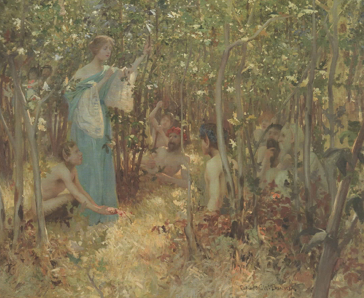 Una and the Fauns, vintage artwork by Rupert Bunny, 12x8" (A4) Poster