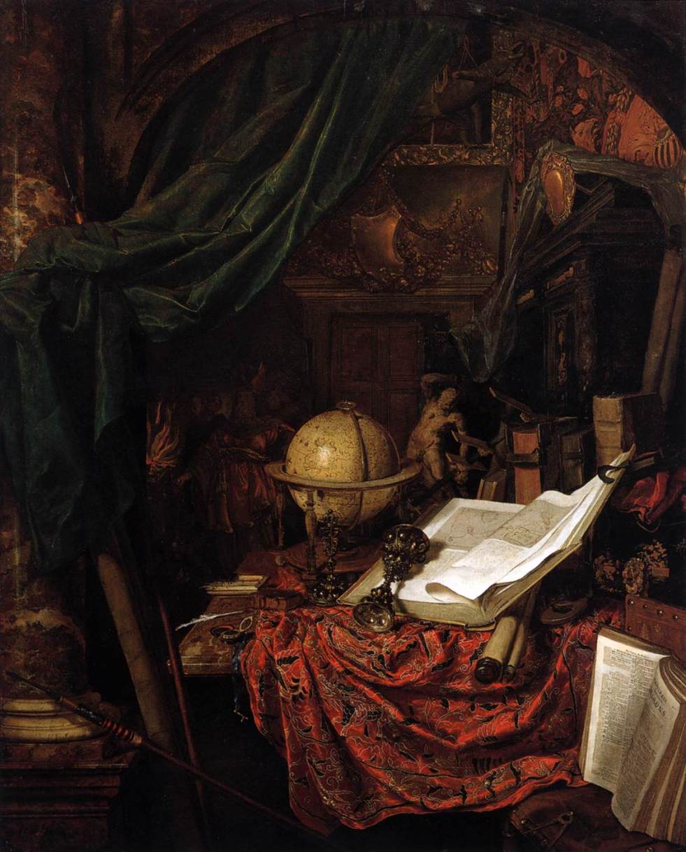 Still-Life with Globe, Books and Chinese Silk, vintage artwork by Jan van der Heyden, 12x8" (A4) Poster