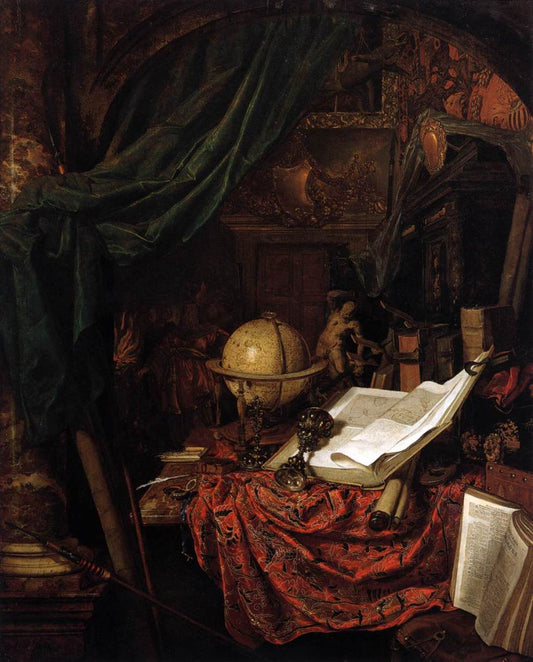 Still-Life with Globe, Books and Chinese Silk, vintage artwork by Jan van der Heyden, 12x8" (A4) Poster