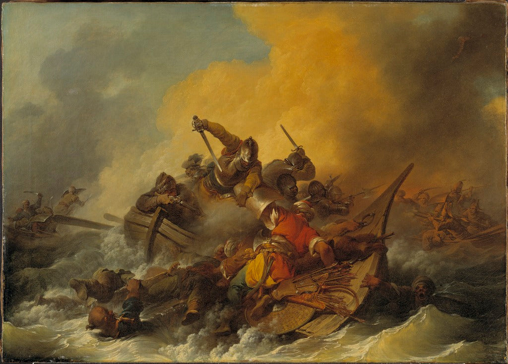 Battle at Sea between Soldiers and Oriental Pirates, vintage artwork by Philippe-Jacques de Loutherbourg, 12x8" (A4) Poster