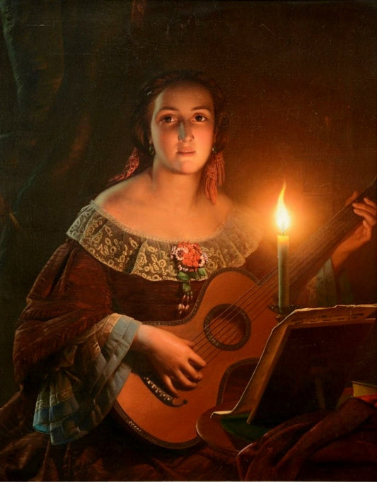 A woman playing guitar, vintage artwork by Attributed to Petrus van Schendel, A3 (16x12") Poster Print