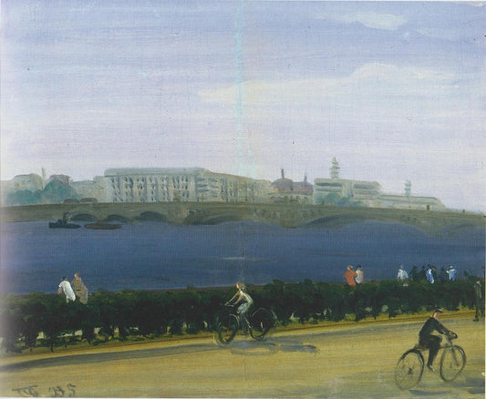 Cyclists on the Neva, vintage artwork by Vladimir Grinberg, 12x8" (A4) Poster