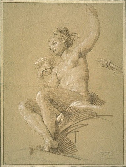 Naked Young Woman Holding a Cup, Sat on Drapery, vintage artwork by Hugues Taraval, 12x8" (A4) Poster