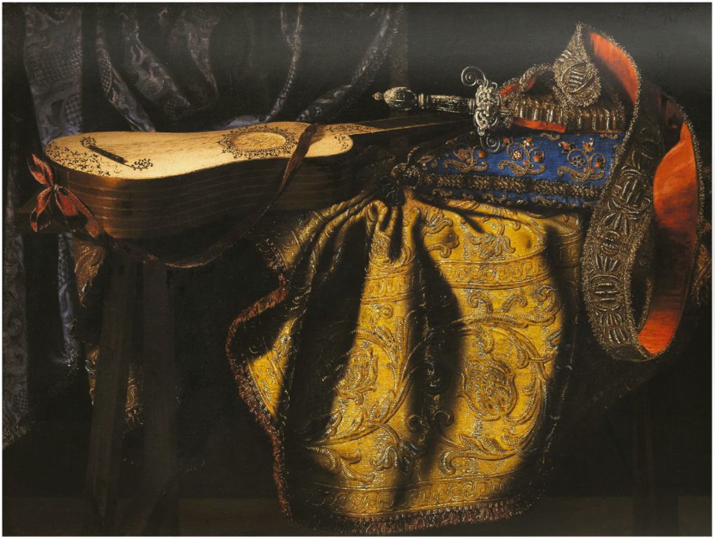 Still life with tapestry, pillow, guitar and sword, vintage artwork by Carlo Manieri, 12x8" (A4) Poster
