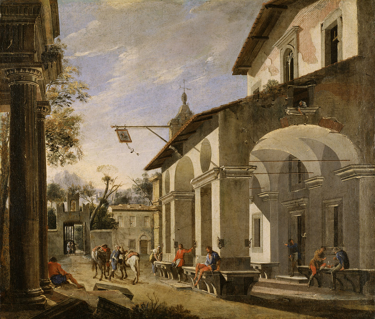 Courtyard of an Inn with Classical Ruins, vintage artwork by Viviano Codazzi, 12x8" (A4) Poster