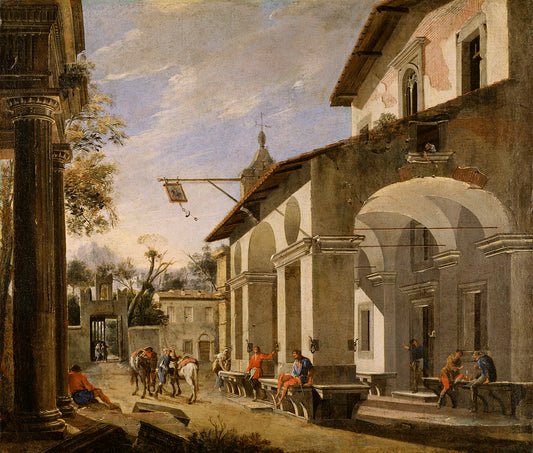 Courtyard of an Inn with Classical Ruins, vintage artwork by Viviano Codazzi, 12x8" (A4) Poster