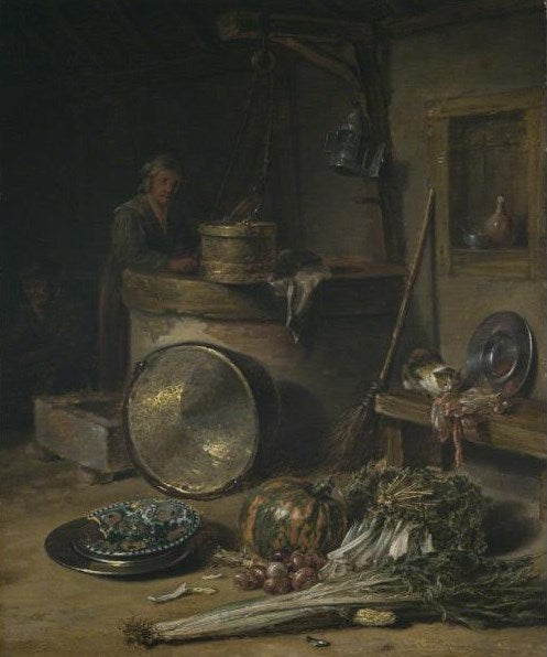 Peasant Interior with a Woman at a Well, vintage artwork by Willem Kalf, 12x8" (A4) Poster