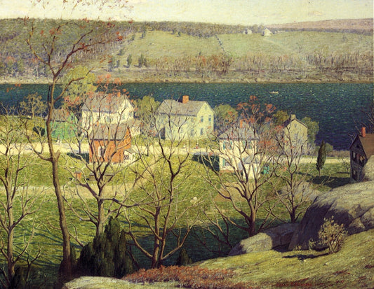 Landscape with Houses by  a River, vintage artwork by Andrew Thomas Schwartz, 12x8" (A4) Poster