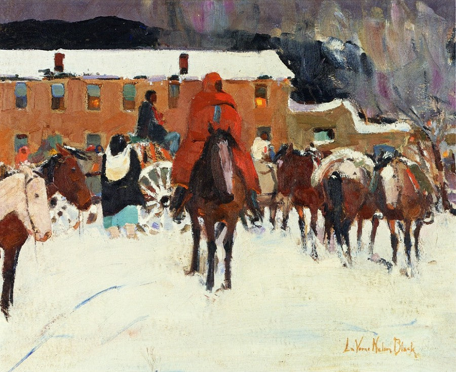 Taos - Winter Plaza, vintage artwork by Laverne Nelson Black, 12x8" (A4) Poster