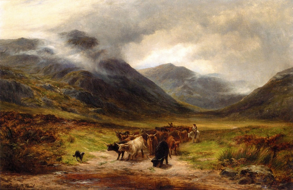 Cattle Droving in the Highlands, vintage artwork by Louis Bosworth Hurt, 12x8" (A4) Poster