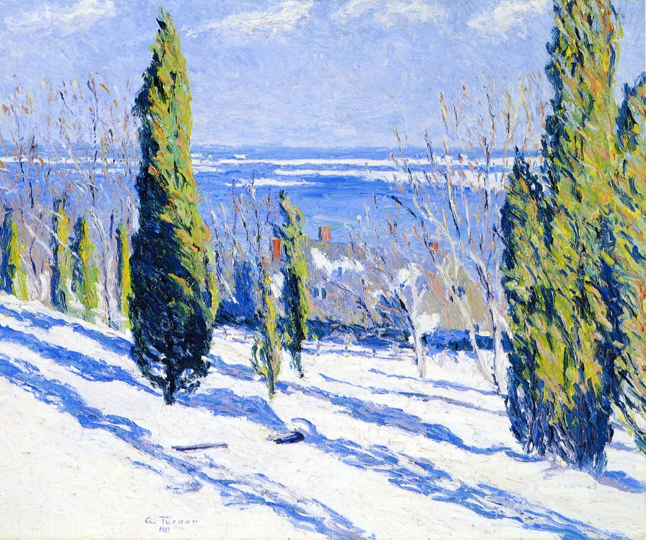 Fir Tree Shadows on a Snowy Bank, vintage artwork by Allen Tucker, 12x8" (A4) Poster