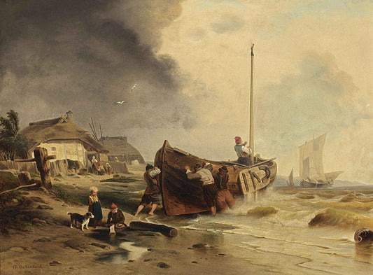 A Fishing Boat on the Beach, vintage artwork by Andreas Achenbach, A3 (16x12") Poster Print