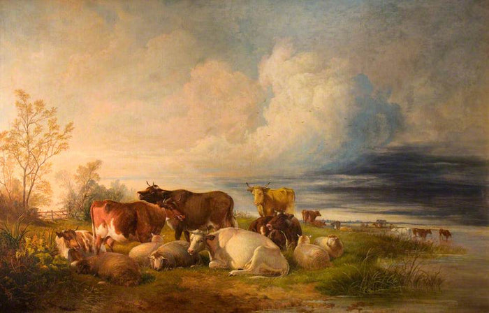 Cattle and Sheep at Rest in a Meadow, vintage artwork by Thomas Sidney Cooper, A3 (16x12