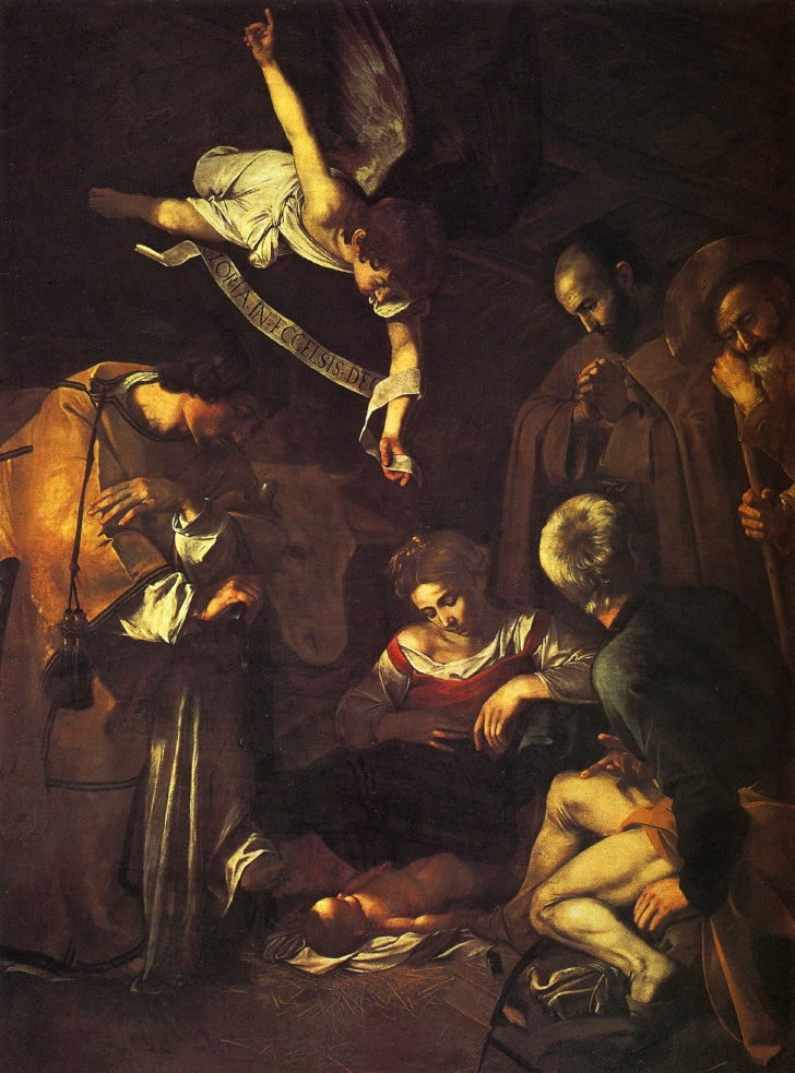 Nativity with Saints Francis and Lawrence, vintage artwork by Caravaggio, 12x8" (A4) Poster