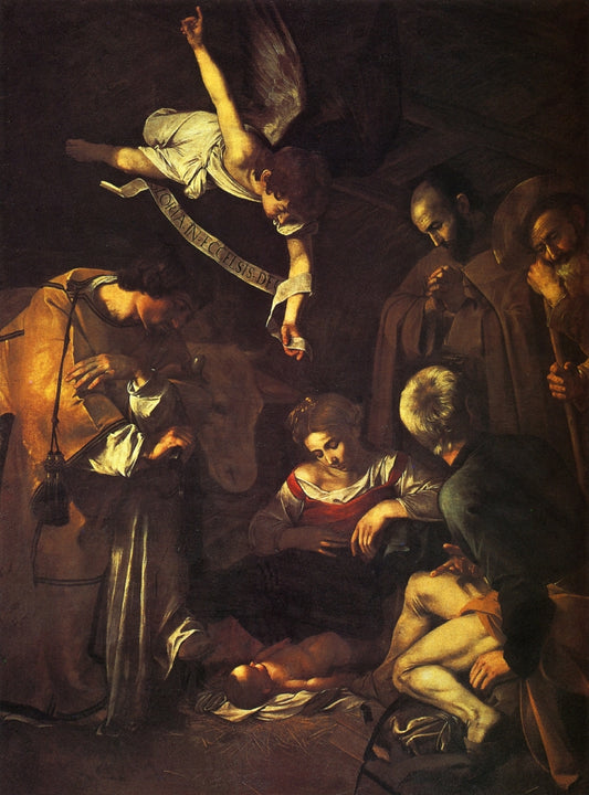 Nativity with Saints Francis and Lawrence, vintage artwork by Caravaggio, 12x8" (A4) Poster