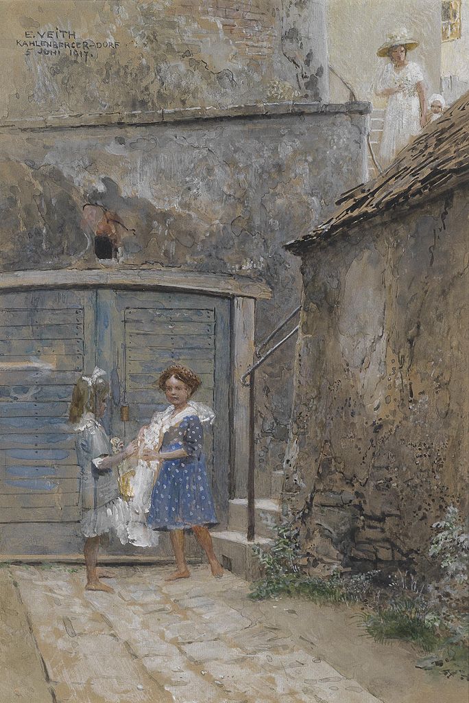 Staircase with barefoot girls, vintage artwork by Eduard Veith, 12x8" (A4) Poster