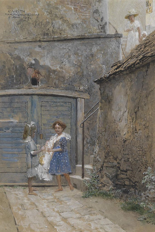 Staircase with barefoot girls, vintage artwork by Eduard Veith, 12x8" (A4) Poster