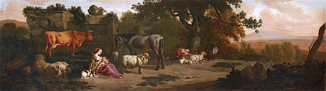 Landscape with Nursing Herdsman, Sleeping Herdsman and a Cow, Horse and Sheep, vintage artwork by Dirck van den Bergen, 12x8" (A4) Poster