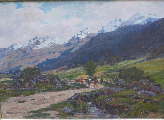 Mountain Landscape with Cows, vintage artwork by Clovis-Frederick Terraire, 12x8" (A4) Poster