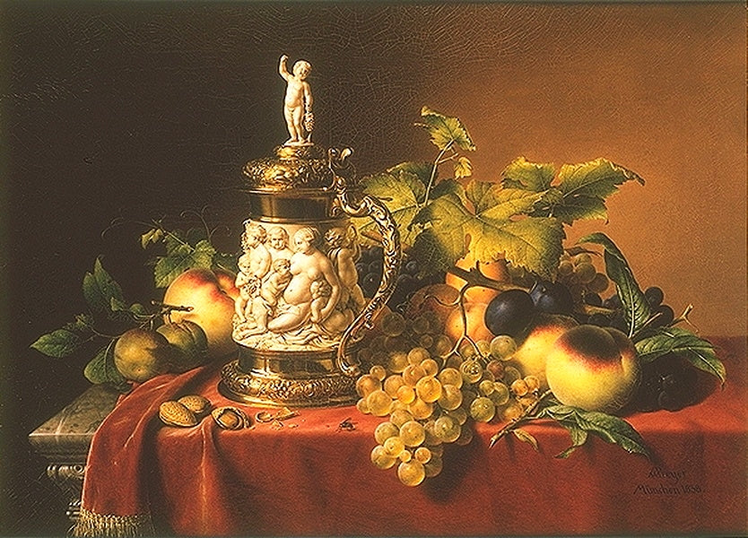 Still Life with Fruit and Ivory Tankard, vintage artwork by Johann Wilhelm Preyer, A3 (16x12") Poster Print