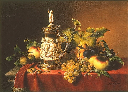 Still Life with Fruit and Ivory Tankard, vintage artwork by Johann Wilhelm Preyer, A3 (16x12") Poster Print