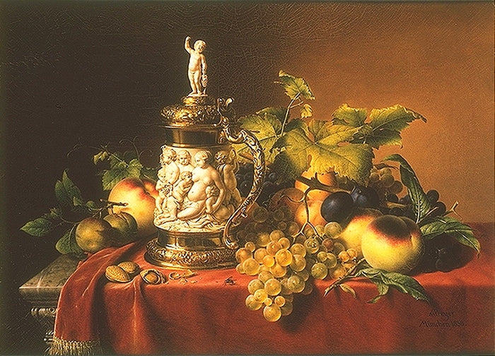 Still Life with Fruit and Ivory Tankard, vintage artwork by Johann Wilhelm Preyer, A3 (16x12