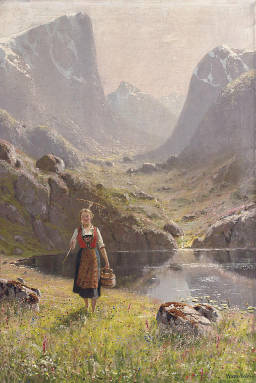 A summer morning by  the fjord, vintage artwork by Hans Dahl, 12x8" (A4) Poster