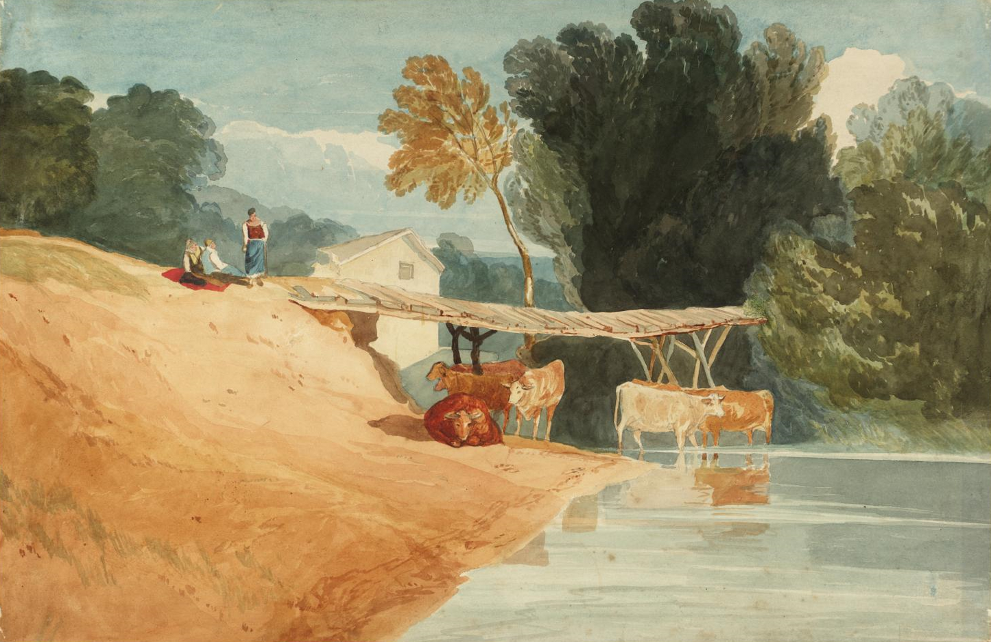 Cows at a Pool with Wooden Bridge, vintage artwork by Attributed to John Sell Cotman, 12x8" (A4) Poster