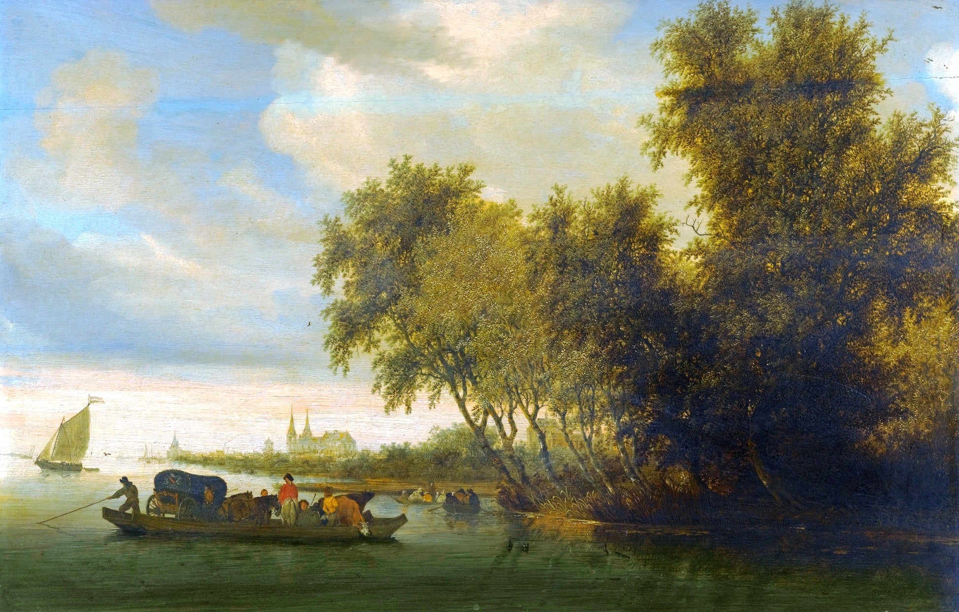 A river landscape with a ferry boat and a distant view of Deventer, vintage artwork by Salomon van Ruysdael, 12x8" (A4) Poster