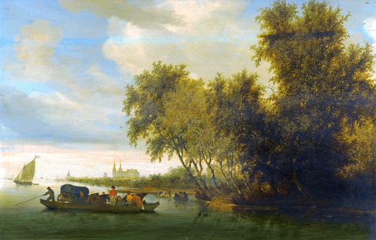 A river landscape with a ferry boat and a distant view of Deventer, vintage artwork by Salomon van Ruysdael, 12x8" (A4) Poster