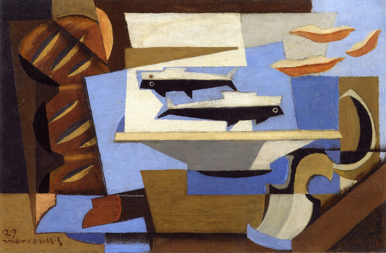 Breton Bread, Two Fish, Spoon, vintage artwork by Louis Marcoussis, 12x8" (A4) Poster