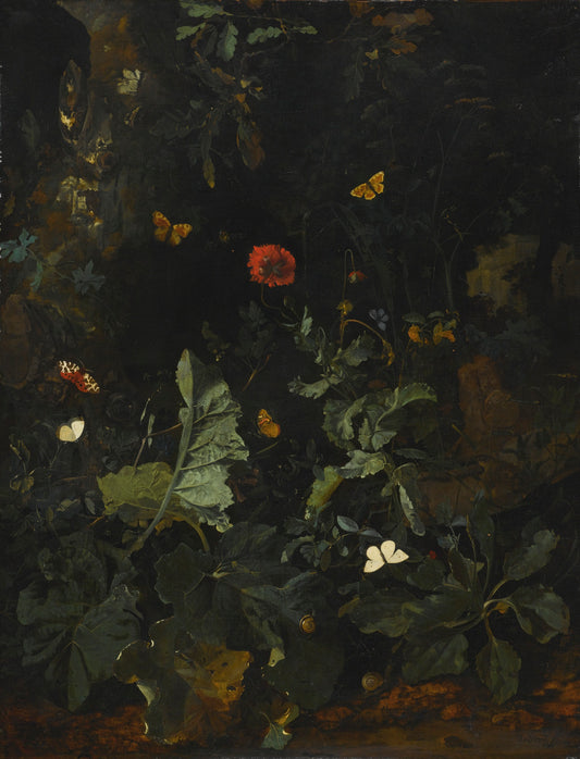A Forest Floor Still Life with Flowering Plants and Butterflies, vintage artwork by Nicolaes de Vree, 12x8" (A4) Poster