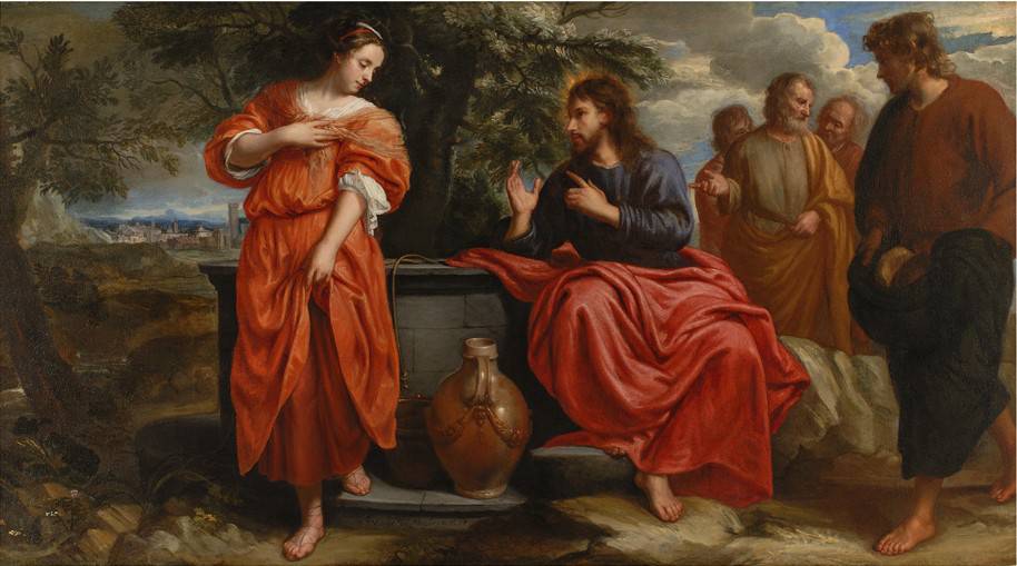 Christ and the Samaritan Woman at the Well, vintage artwork by Jacob van Oost the Younger, 12x8" (A4) Poster