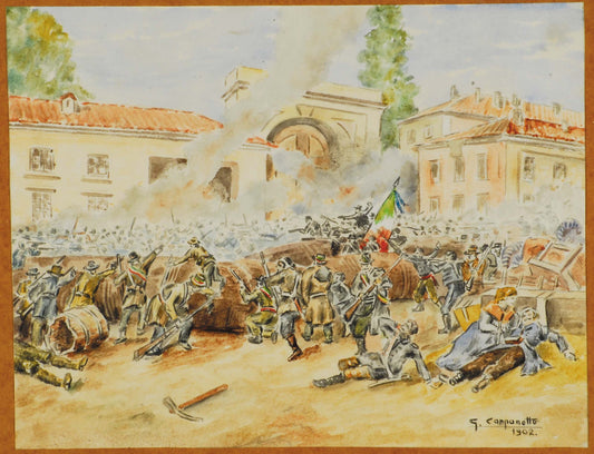 Milan, the Taking of Porta Tosa, vintage artwork by Giovanni Battista Carpanetto, 12x8" (A4) Poster