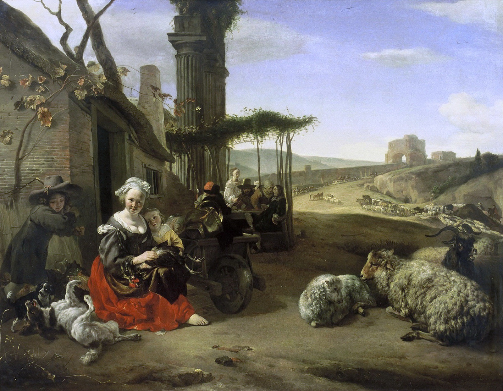 Italian Landscape with Inn and Ancient Ruins, vintage artwork by Jan Weenix, 12x8" (A4) Poster