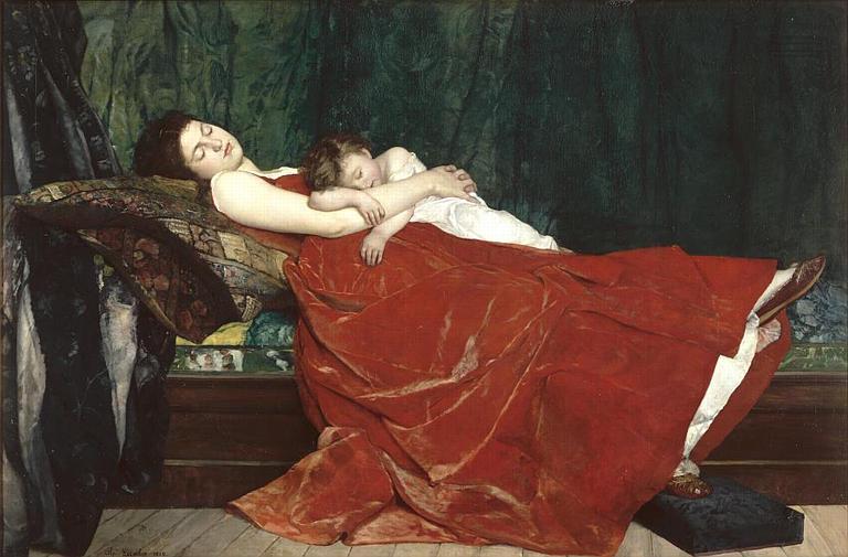 Mother and Child Napping, vintage artwork by Alphonse Lecadre, 12x8" (A4) Poster