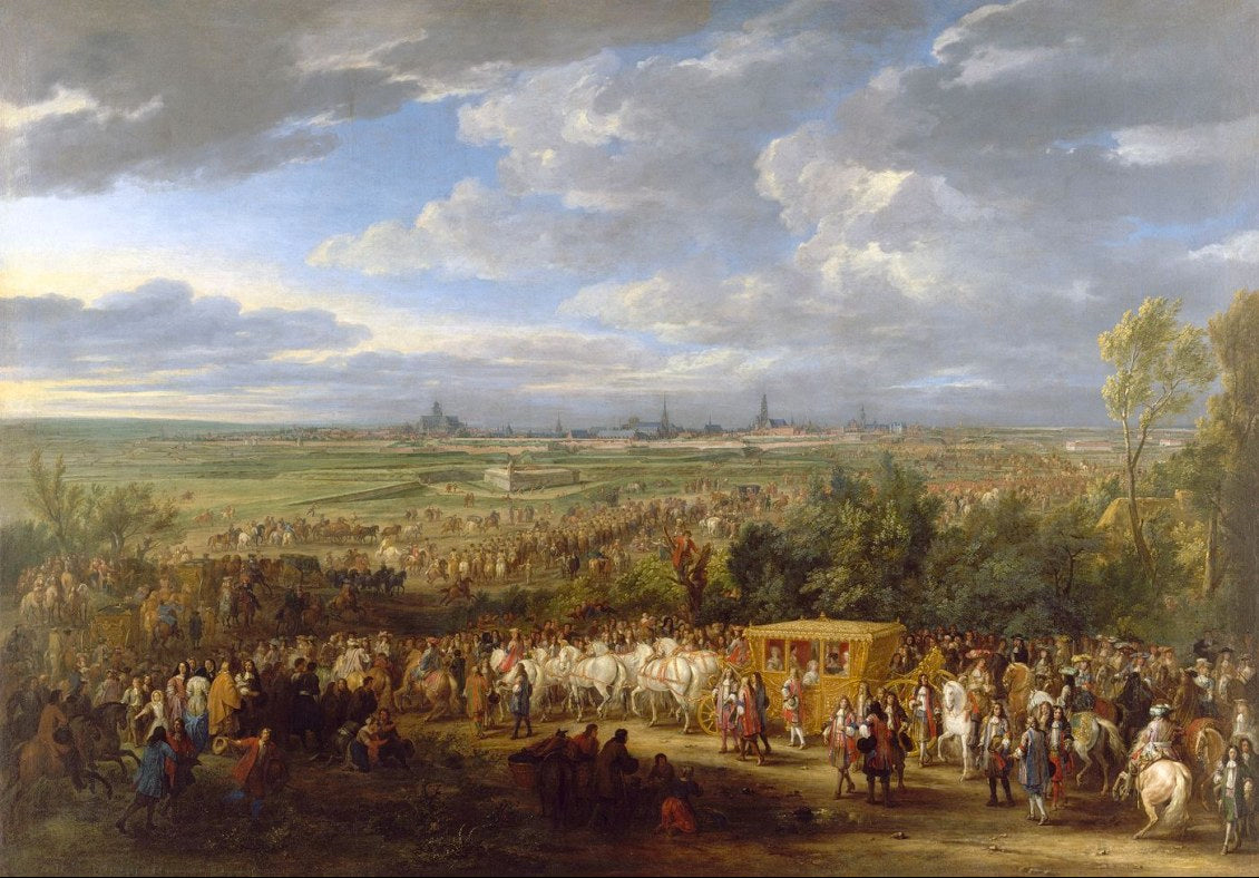 The entry of King Louis XIV and Queen Maria-Theresa in Arras on 30 July 1667, vintage artwork by Adam Frans van der Meulen, 12x8" (A4) Poster