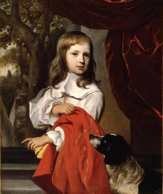 Portrait of a Little Boy with a Dog, vintage artwork by Jacob Van Loo, 12x8" (A4) Poster