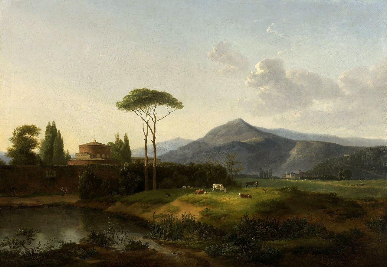 Paysage avec les collines d'Alban et le Monte Cavo, vintage artwork by Simon Denis, 12x8" (A4) Poster