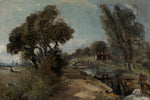 Flatford Lock on the Stour looking towards Bridge Cottage, vintage artwork by John Constable, 12x8" (A4) Poster