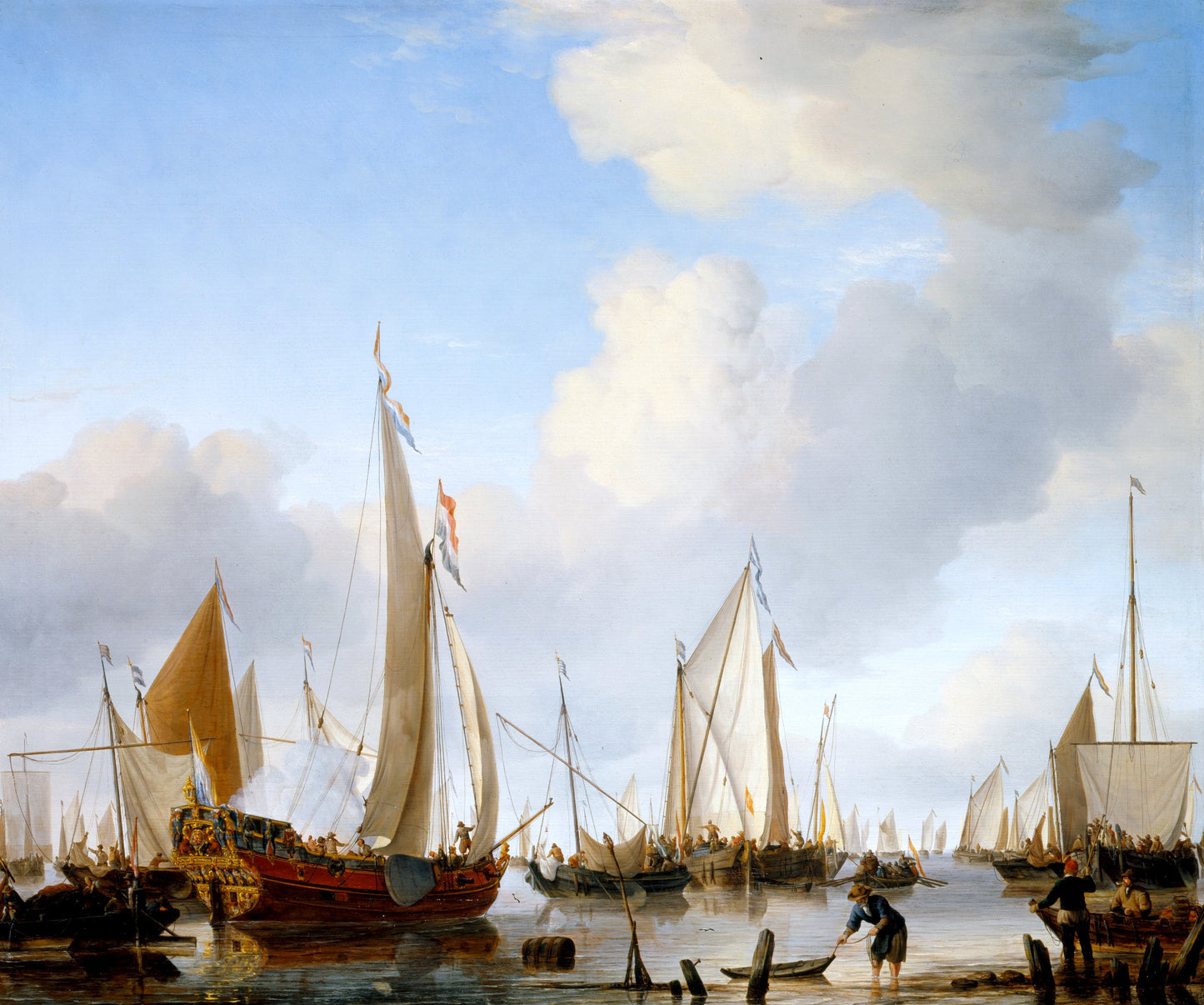 Calm, A States Yacht under Sail close to the Shore with many other Vessels, vintage artwork by Willem van de Velde the Younger, 12x8" (A4) Poster